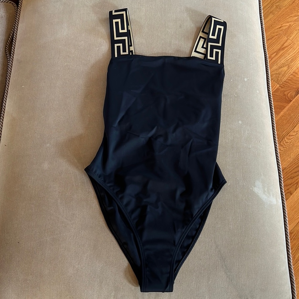 NWT Versace one piece- lower cut back with black and gold designed straps